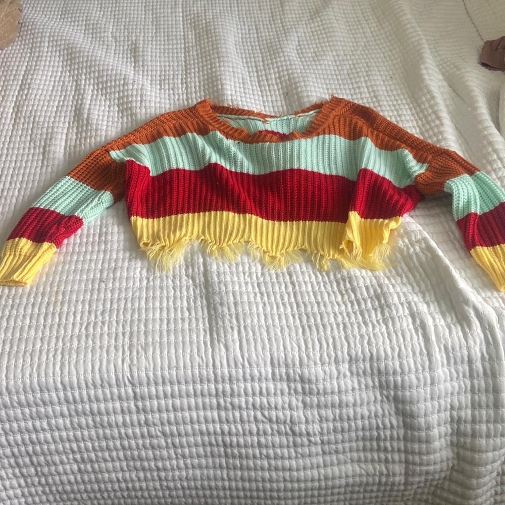 Cropped off the shoulder rainbow sweater